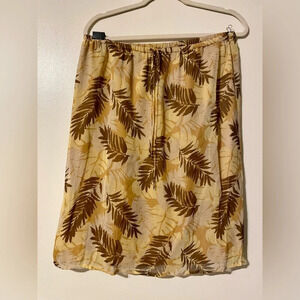 Allison Taylor 100% Silk Tropical Leaf Gold Beige Brown Print Skirt Size XL